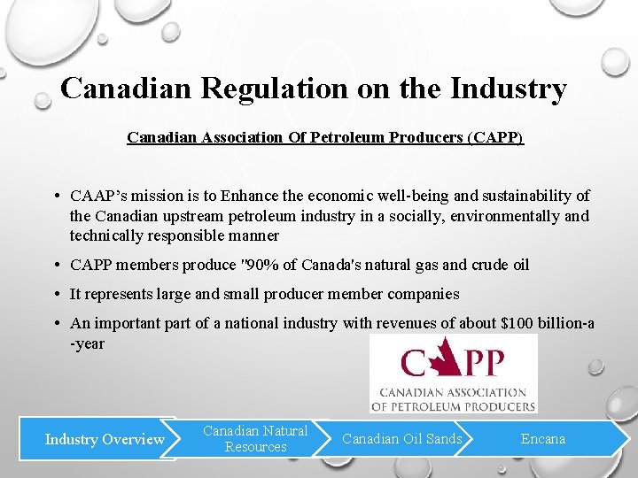 Canadian Regulation on the Industry Canadian Association Of Petroleum Producers (CAPP) • CAAP’s mission