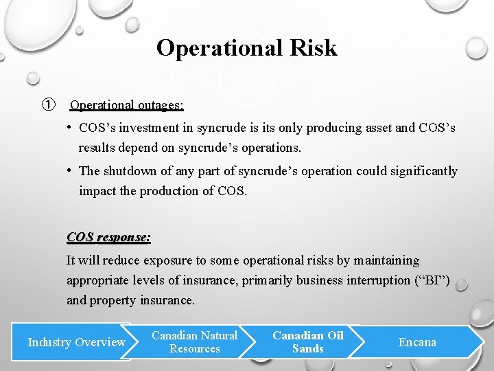 Operational Risk ① Operational outages: • COS’s investment in syncrude is its only producing