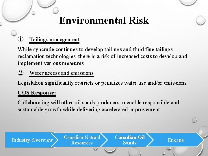Environmental Risk ① Tailings management While syncrude continues to develop tailings and fluid fine