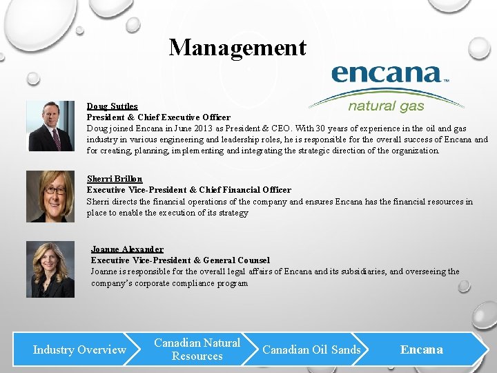 Management Doug Suttles President & Chief Executive Officer Doug joined Encana in June 2013