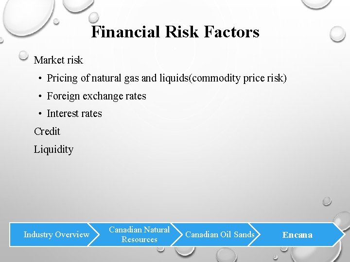 Financial Risk Factors Market risk • Pricing of natural gas and liquids(commodity price risk)