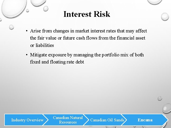 Interest Risk • Arise from changes in market interest rates that may affect the