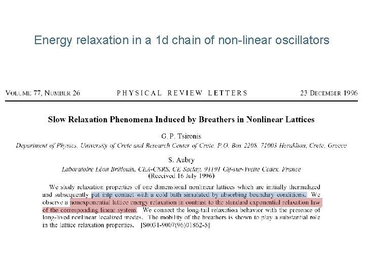 Energy relaxation in a 1 d chain of non-linear oscillators Energy relaxation in a 1 d chain of non-linear oscillators