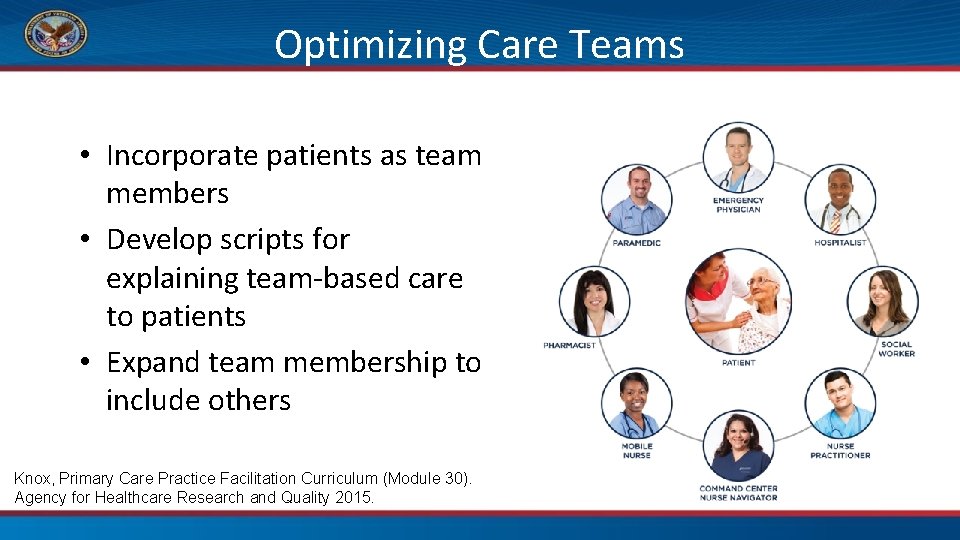 Optimizing Care Teams • Incorporate patients as team members • Develop scripts for explaining