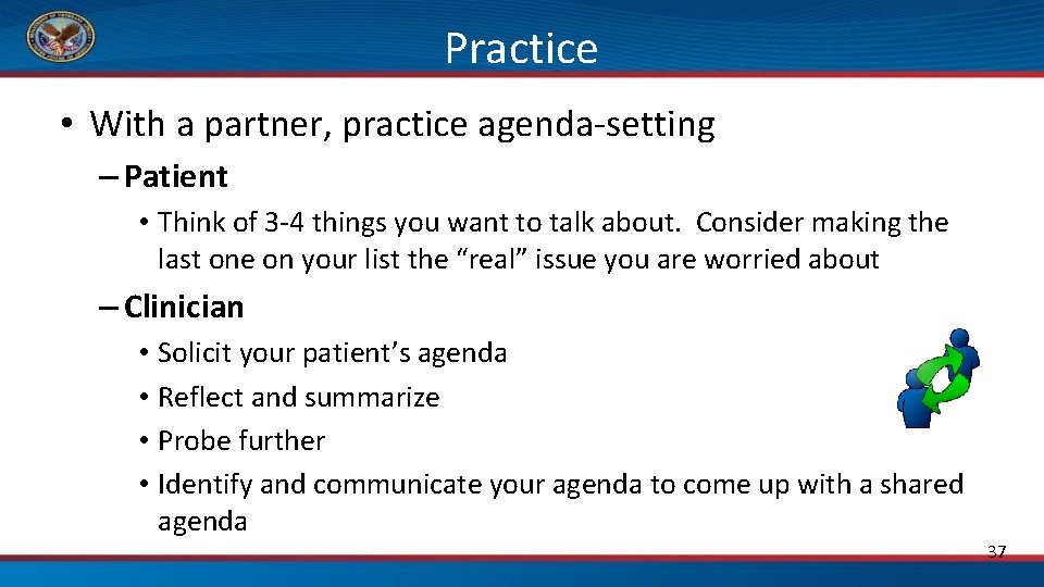 Practice • With a partner, practice agenda-setting – Patient • Think of 3 -4
