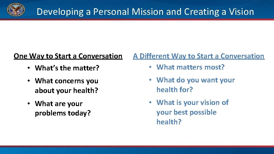Developing a Personal Mission and Creating a Vision One Way to Start a Conversation