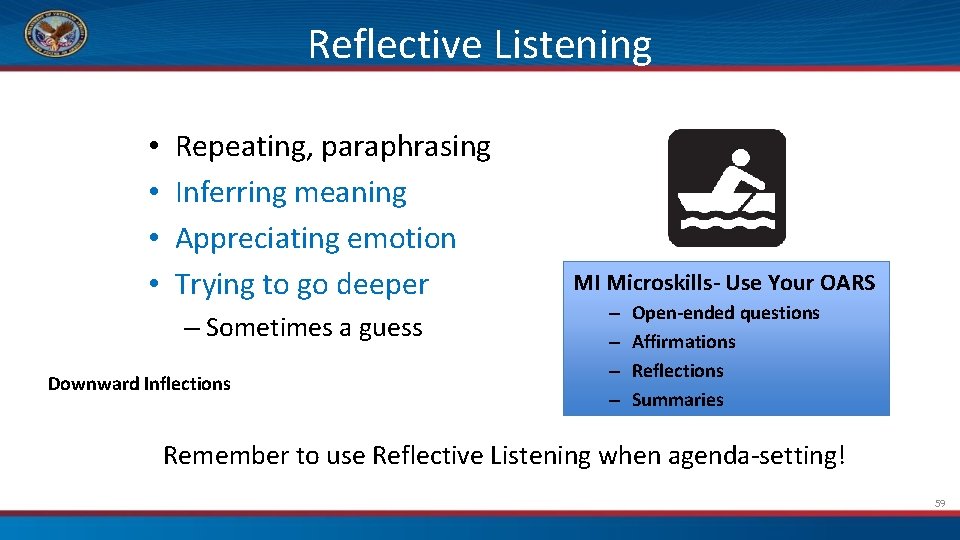 Reflective Listening • • Repeating, paraphrasing Inferring meaning Appreciating emotion Trying to go deeper