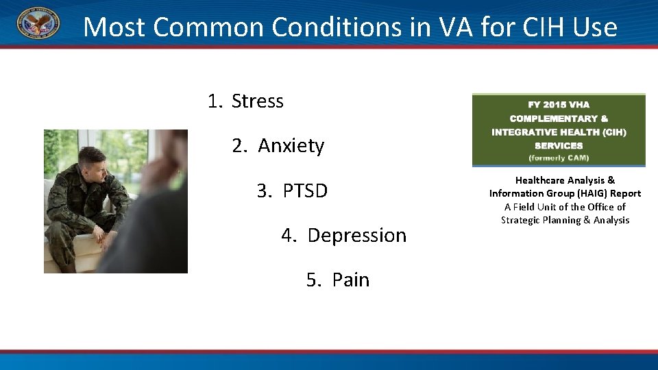 Most Common Conditions in VA for CIH Use 1. Stress 2. Anxiety 3. PTSD