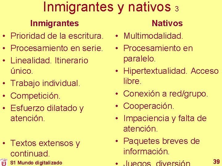 Inmigrantes y nativos 3 • • • Inmigrantes Prioridad de la escritura. Procesamiento en Inmigrantes y nativos 3 • • • Inmigrantes Prioridad de la escritura. Procesamiento en