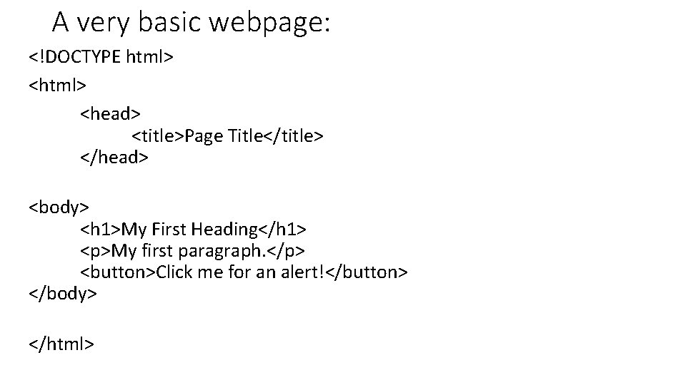 A very basic webpage: <!DOCTYPE html> <head> <title>Page Title</title> </head> <body> <h 1>My First
