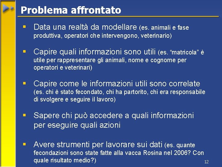 Problema affrontato § Data una realtà da modellare (es. animali e fase produttiva, operatori