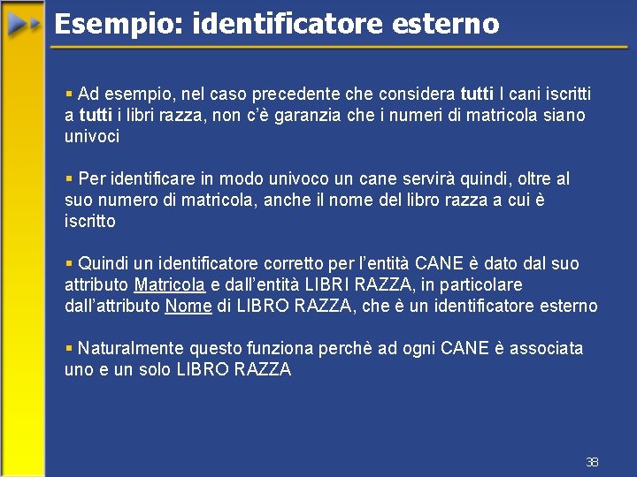 Esempio: identificatore esterno § Ad esempio, nel caso precedente che considera tutti I cani