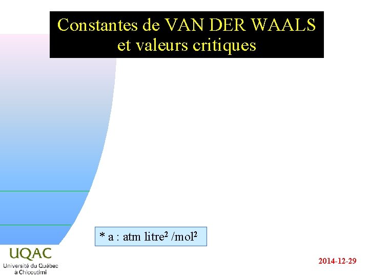 Constantes de VAN DER WAALS et valeurs critiques * a : atm litre 2