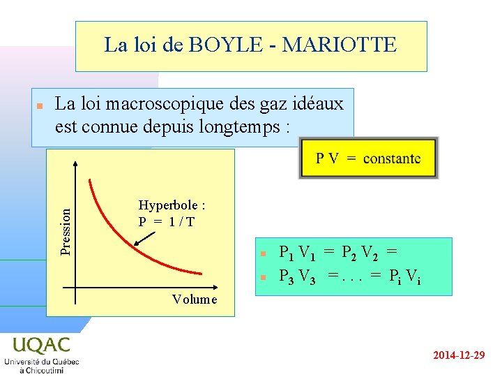 La loi de BOYLE - MARIOTTE La loi macroscopique des gaz idéaux est connue