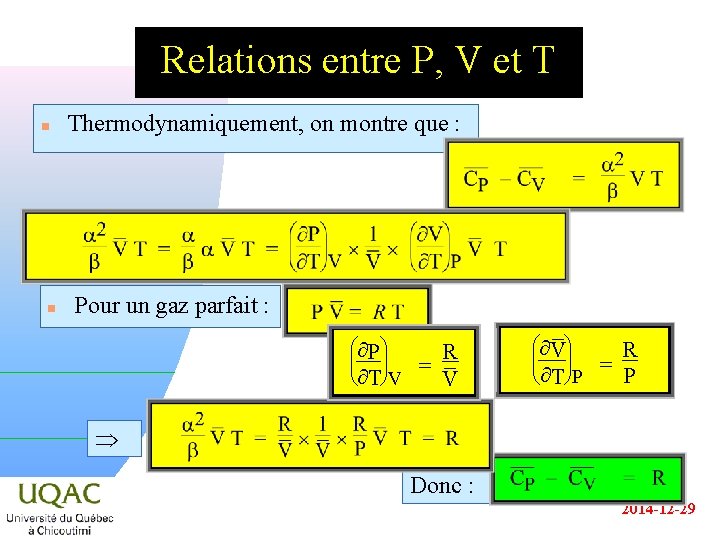 Relations entre P, V et T n n Thermodynamiquement, on montre que : Pour
