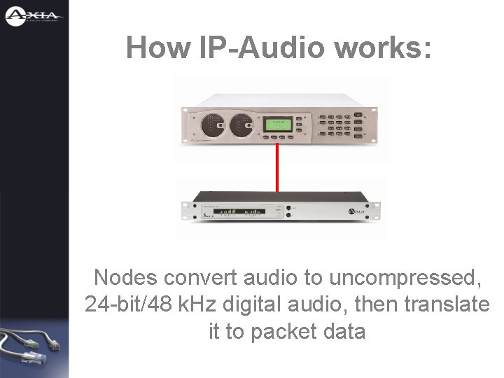 How IP-Audio works: Nodes convert audio to uncompressed, 24 -bit/48 k. Hz digital audio,