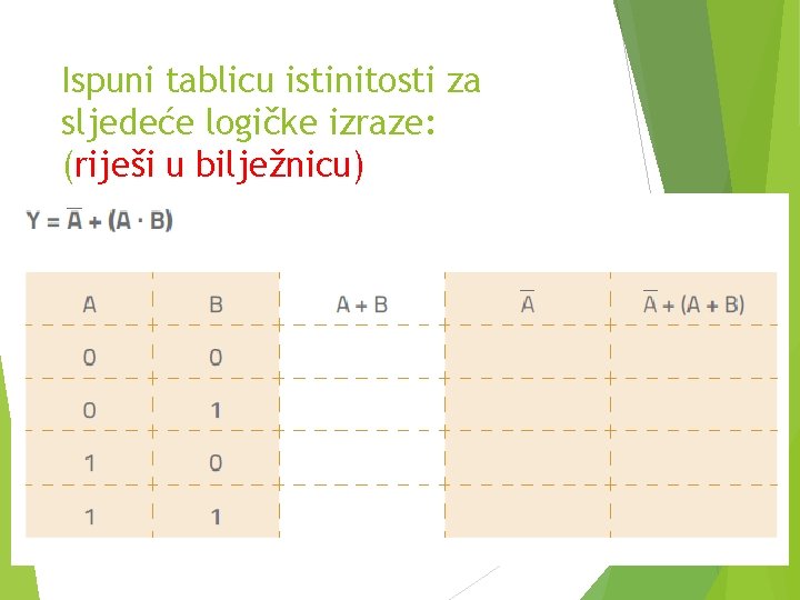 Ispuni tablicu istinitosti za sljedeće logičke izraze: (riješi u bilježnicu) 