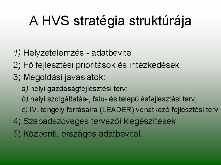 A HVS stratégia struktúrája 1) Helyzetelemzés - adatbevitel 2) Fő fejlesztési prioritások és intézkedések