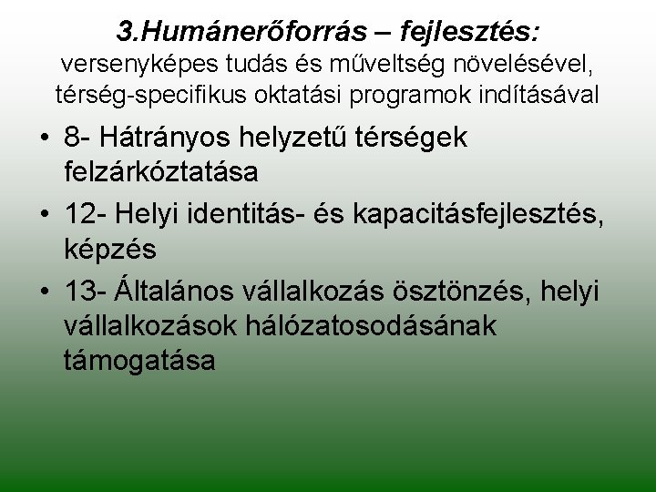 3. Humánerőforrás – fejlesztés: versenyképes tudás és műveltség növelésével, térség-specifikus oktatási programok indításával •