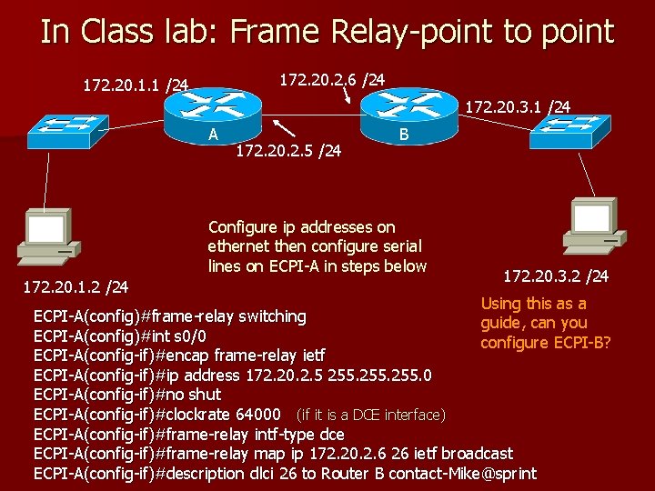 In Class lab: Frame Relay-point to point 172. 20. 2. 6 /24 172. 20.