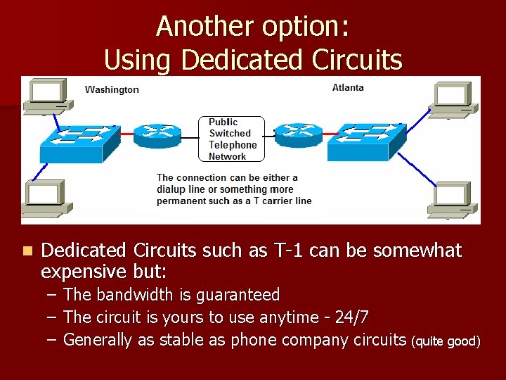 Another option: Using Dedicated Circuits n Dedicated Circuits such as T-1 can be somewhat