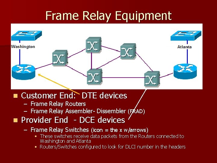 Frame Relay Equipment n Customer End: DTE devices n Provider End - DCE devices