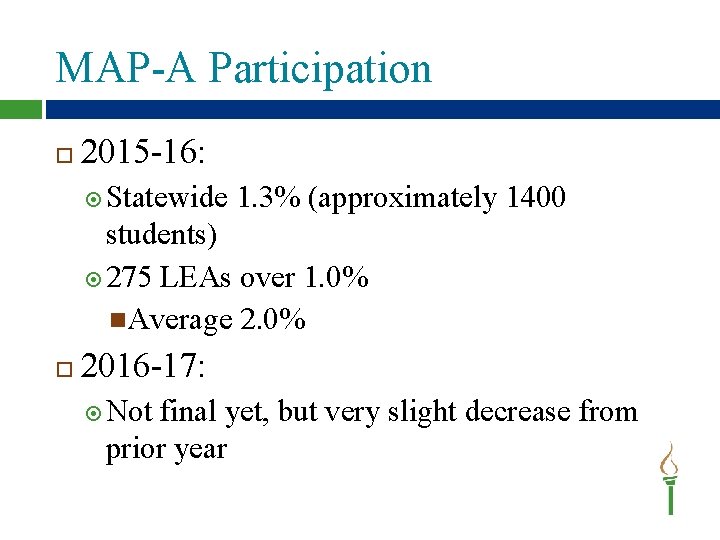 MAP-A Participation 2015 -16: Statewide 1. 3% (approximately 1400 students) 275 LEAs over 1.