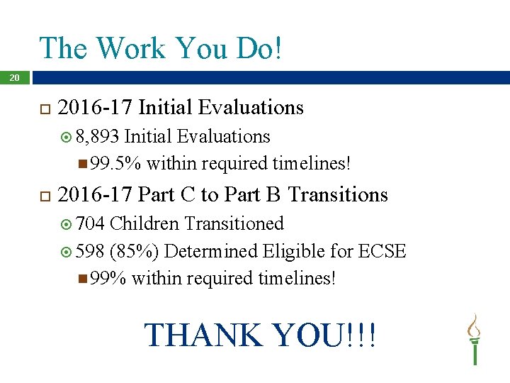 The Work You Do! 20 2016 -17 Initial Evaluations 8, 893 Initial Evaluations 99.