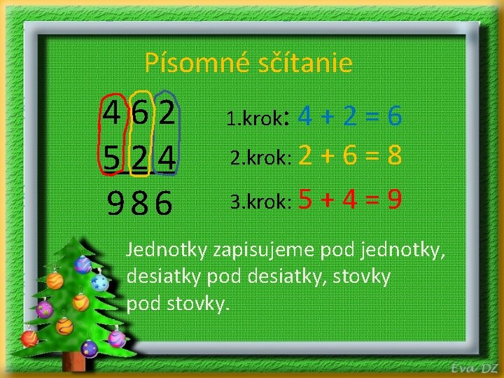 Písomné sčítanie 462 524 986 1. krok: 4+2=6 2. krok: 2 + 6 =