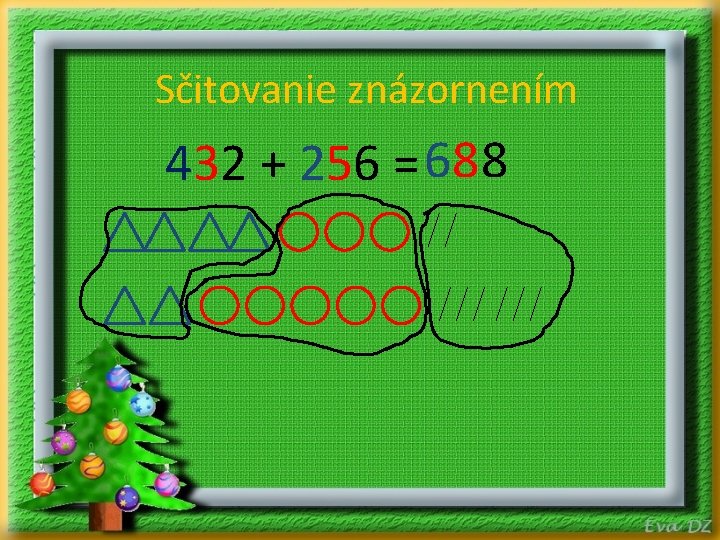 Sčitovanie znázornením 432 + 256 = 688 