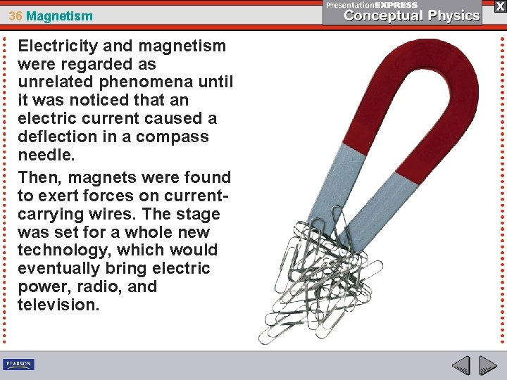 36 Magnetism Electricity and magnetism were regarded as unrelated phenomena until it was noticed