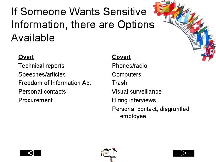 If Someone Wants Sensitive Information, there are Options Available Overt Technical reports Speeches/articles Freedom
