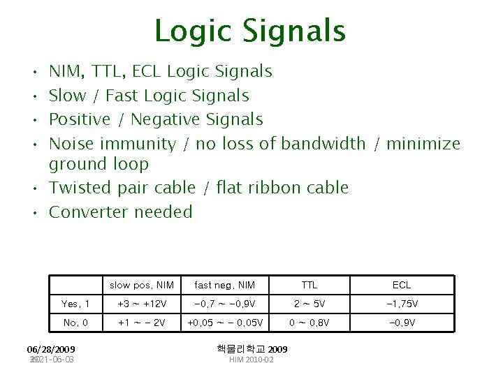 Logic Signals • • NIM, TTL, ECL Logic Signals Slow / Fast Logic Signals