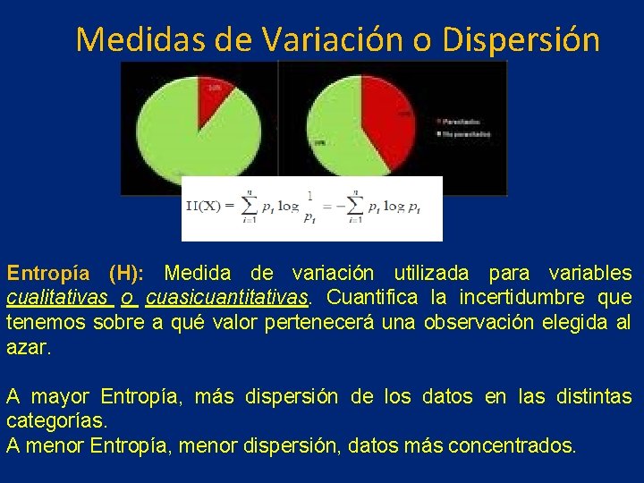 Medidas de Variación o Dispersión Entropía (H): Medida de variación utilizada para variables cualitativas