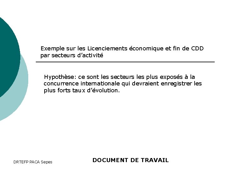 Exemple sur les Licenciements économique et fin de CDD par secteurs d’activité Hypothèse: ce