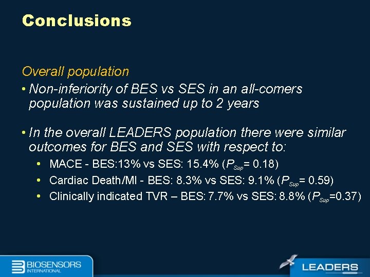 Conclusions Overall population • Non-inferiority of BES vs SES in an all-comers population was