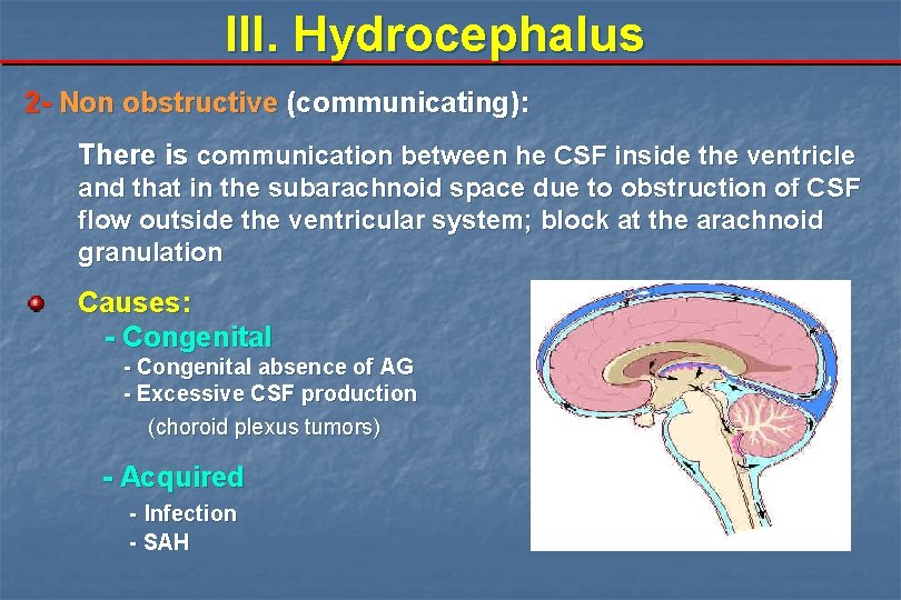 III. Hydrocephalus 2 - Non obstructive (communicating): There is communication between he CSF inside