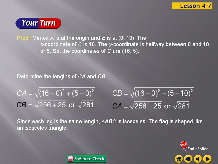 Proof: Vertex A is at the origin and B is at (0, 10). The