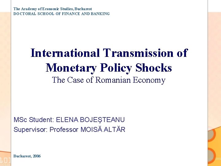 The Academy of Economic Studies, Bucharest DOCTORAL SCHOOL OF FINANCE AND BANKING International Transmission