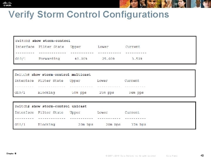 Verify Storm Control Configurations Chapter 10 © 2007 – 2016, Cisco Systems, Inc. All