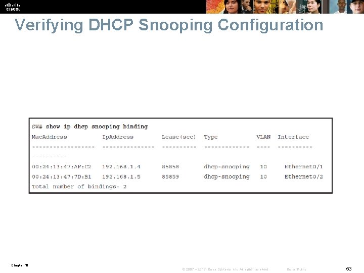 Verifying DHCP Snooping Configuration Chapter 10 © 2007 – 2016, Cisco Systems, Inc. All