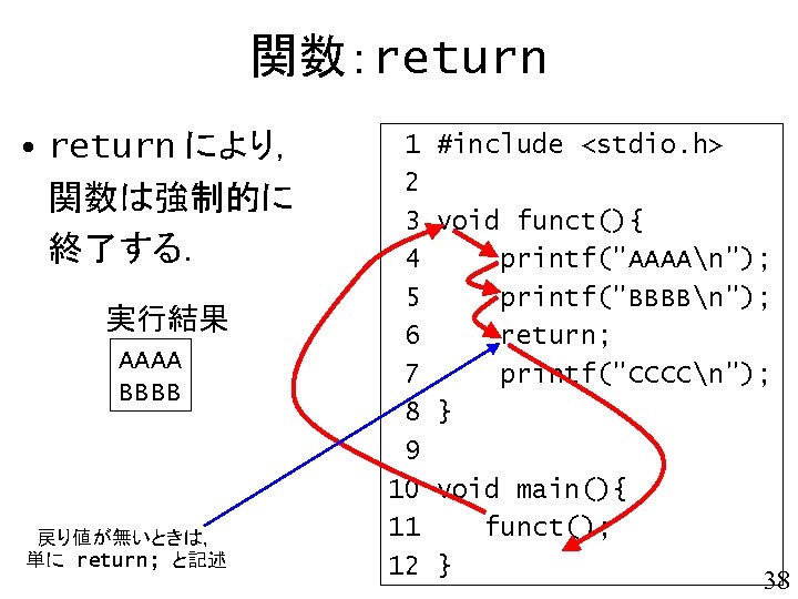 関数：return • return により， 関数は強制的に 終了する． 実行結果 AAAA BBBB 戻り値が無いときは， 単に return; と記述 1