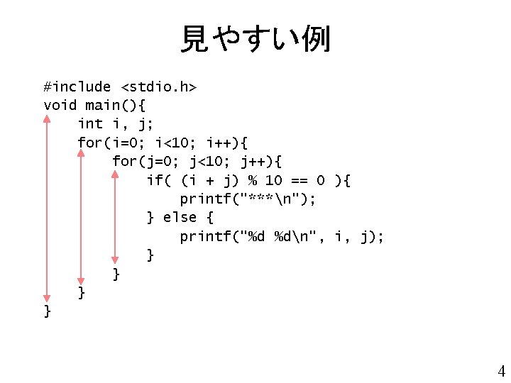 見やすい例 #include <stdio. h> void main(){ int i, j; for(i=0; i<10; i++){ for(j=0; j<10;