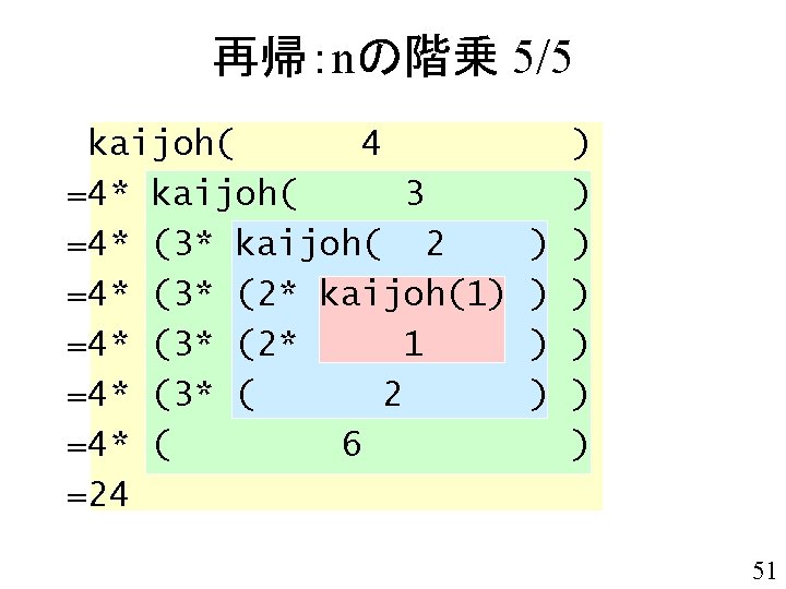 再帰：nの階乗 5/5 kaijoh( 4 =4* kaijoh( 3 =4* (3* kaijoh( 2 =4* (3* (2*