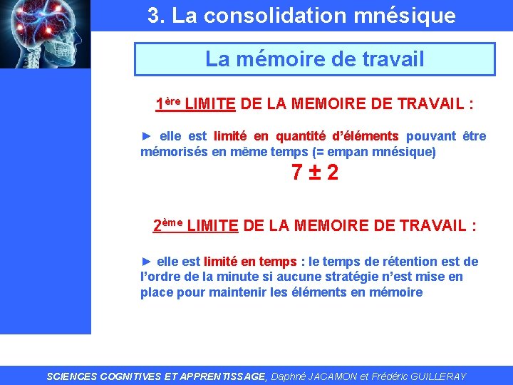 3. La consolidation mnésique La mémoire de travail 1ère LIMITE DE LA MEMOIRE DE
