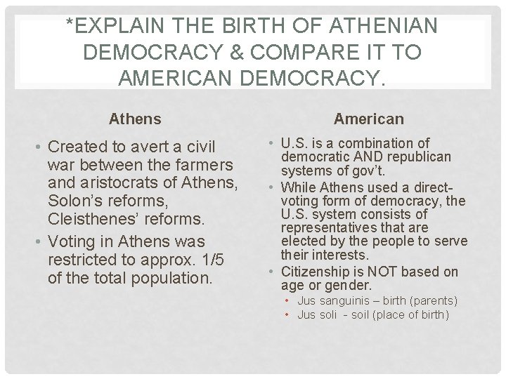 *EXPLAIN THE BIRTH OF ATHENIAN DEMOCRACY & COMPARE IT TO AMERICAN DEMOCRACY. Athens American