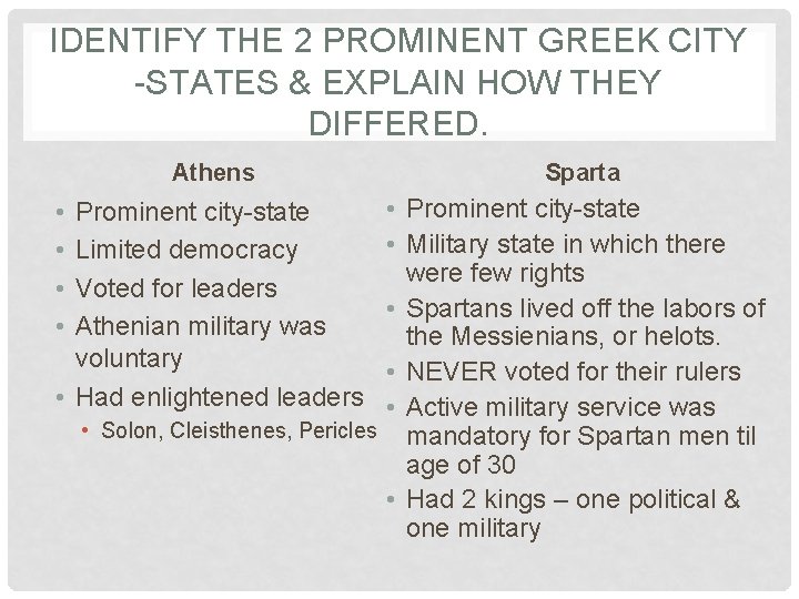 IDENTIFY THE 2 PROMINENT GREEK CITY -STATES & EXPLAIN HOW THEY DIFFERED. Athens •