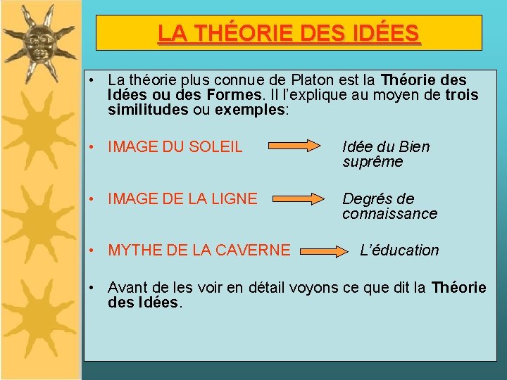 LA THÉORIE DES IDÉES • La théorie plus connue de Platon est la Théorie LA THÉORIE DES IDÉES • La théorie plus connue de Platon est la Théorie