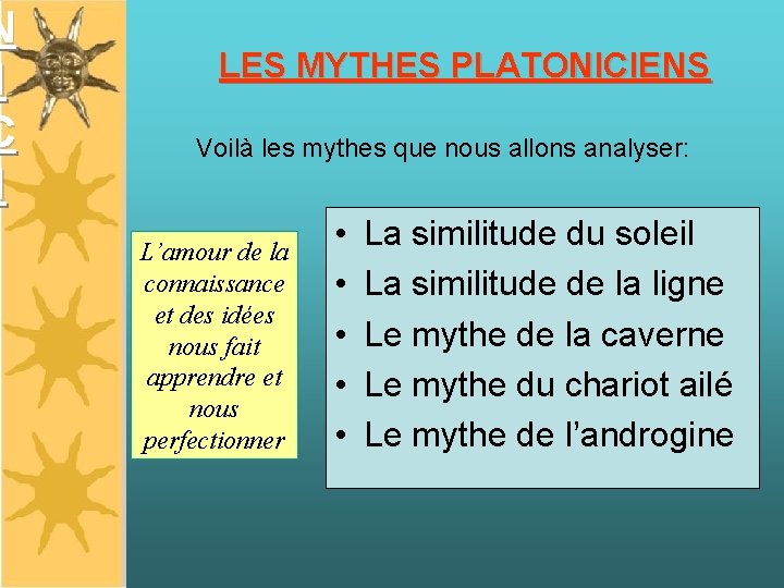 N I C I LES MYTHES PLATONICIENS Voilà les mythes que nous allons analyser: