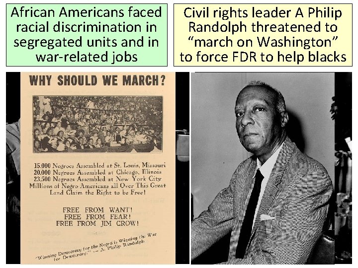 African Americans faced racial discrimination in segregated units and in war-related jobs Civil rights